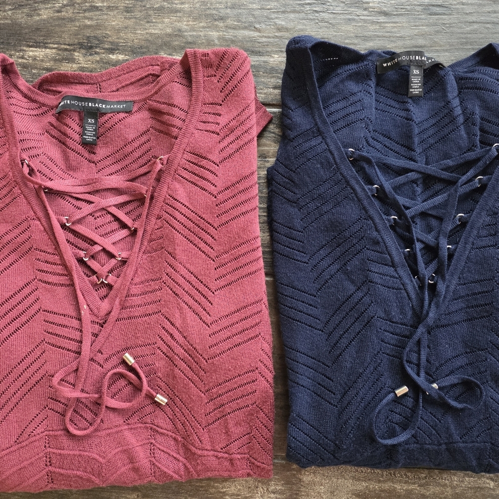 White House Black Market Lace-Up V-Neck Sweater - Rose & Navy